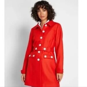 Modcloth Red Trench Robe Coat Cozy Does It Notched Collar Tailored Fit Sz M